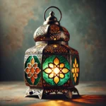 Handcrafted Moroccan lantern in colored glass and carved metal